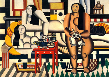 Figurative canvas art print of Three Women Le Grand Dejeuner 1921 by Fernand Leger, featuring vibrant colors and abstract figures.