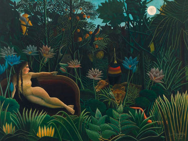 Feeling at Home Henri Rousseau figurative canvas art print showcasing vibrant jungle scene and lush tropical foliage.