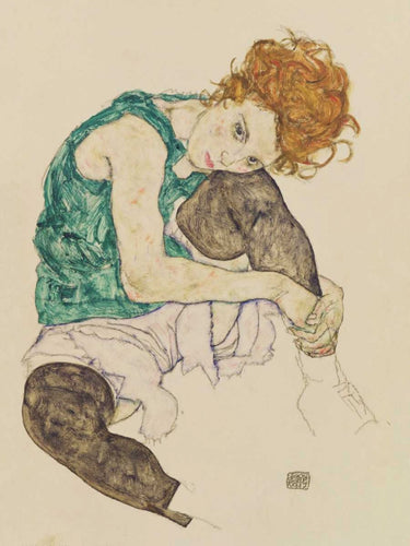 Seated woman with bent knee figurative canvas art print by Schiele Egon, displayed in a modern home setting.