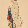 Egon Schiele standing nude figure art print with patterned robe, part of Feeling at Home canvas art collection.