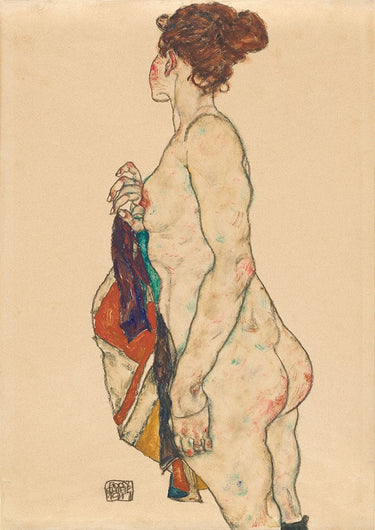 Egon Schiele standing nude figure art print with patterned robe, part of Feeling at Home canvas art collection.