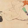 Reclining female nude figurative canvas art print by Schiele Egon, displayed on a wall, with bold brushstrokes and classical style.