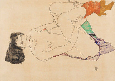 Reclining female nude figurative canvas art print by Schiele Egon, displayed on a wall, with bold brushstrokes and classical style.