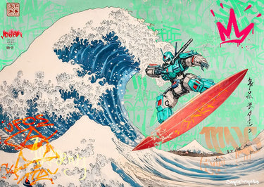 Humorous canvas art print of a mecha surfing machine by Feeling at Home, featuring vibrant, detailed robot surfing scene.