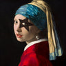 Humorous canvas art print of a girl with skull earrings by Hill Steven, styled with vibrant colors and artistic details.