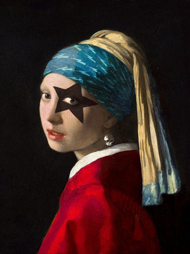 Humorous canvas art print of a girl with skull earrings by Hill Steven, styled with vibrant colors and artistic details.