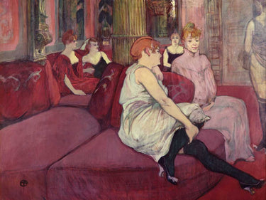 Feeling at Home art print featuring Toulouse-Lautrec's "In the Salon at the Rue des Moulins" on a canvas, showcasing a vibrant interior scene.
