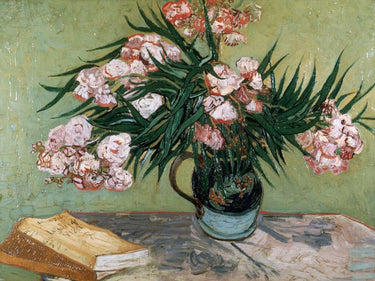 Feeling at home floral canvas art print featuring a vase with oleanders and books inspired by van Gogh Vincent.