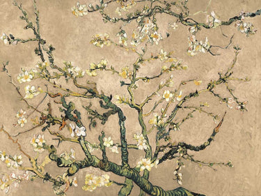 Beige floral canvas art print of Mandorlo in fiore by Van Gogh, featuring delicate blossoms and vibrant colors.