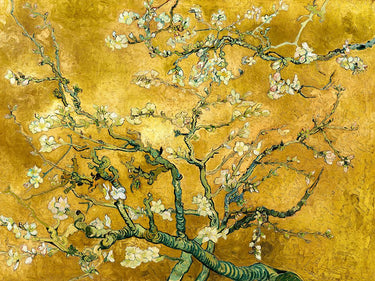 Van Gogh Mandorlo in fiore floral art print by Feeling at Home featuring gold accents on canvas, showcasing vibrant blossom details.