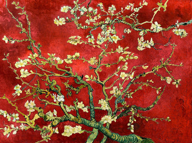 Red floral canvas art print of Van Gogh's Mandorlo in fiore by Feeling at Home, featuring vibrant blossoms in a natural scene.