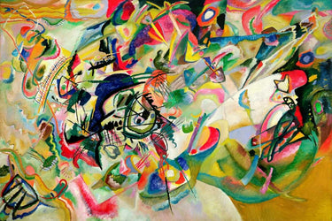 Abstract Kandinsky Composition No. 7 art print on canvas by Feeling at Home, featuring vibrant geometric shapes and bold colors.