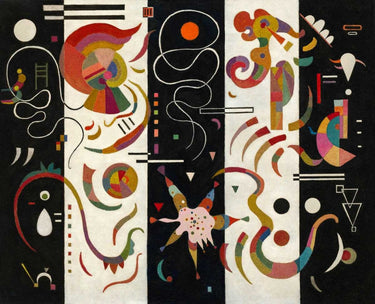 Kandinsky Wassily abstract canvas art print with bold striped and geometric shapes, framed and displayed on a wall.