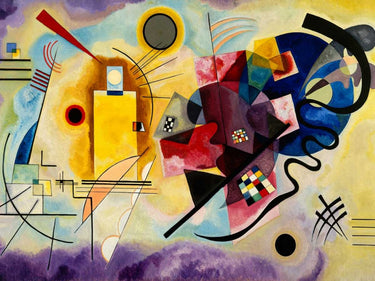 Abstract canvas art print by Kandinsky featuring yellow, red, and blue colors, styled for a modern home decor setting.