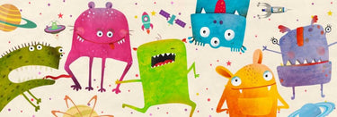 Colorful Alien Friends children's art canvas print by Feeling at Home, featuring playful alien characters on a vibrant background.