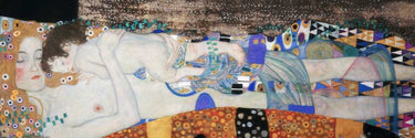 Gustav Klimt's The Three Ages of Woman figurative canvas art print, featuring detailed imagery of women at different life stages.