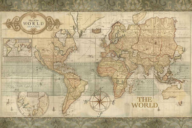 Feeling at Home classic world map canvas art print by Art Atelier Alliance, showcasing a detailed vintage-inspired map design.