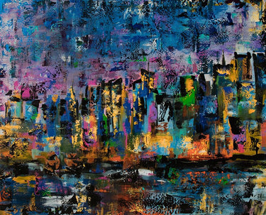 Abstract New York cityscape canvas art print by Appleman Sam, featuring vibrant urban scene in modern art style.