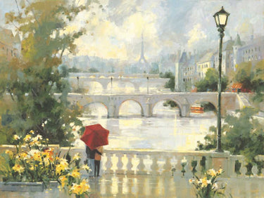 Modern canvas art print titled Paris Mist by Villarreal, featuring abstract blue and gray tones on a textured canvas.