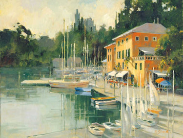 Coastal canvas art print featuring Portofino Heights by Villarreal Villarreal, displayed on a wall with vibrant seaside scenery.