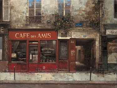 Feeling at Home Cafe Des Amis kitchen canvas art print by Heighton Brent, featuring a cozy cafe scene in warm tones.