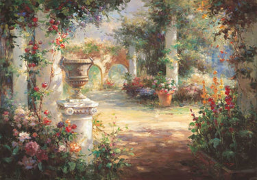European canvas art print of a sunlit courtyard by Oxley Vail, featuring warm tones and detailed architecture, by Feeling at Home.