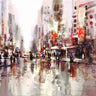 City Rain street scene canvas art print by Heighton Brent, featuring a rainy urban cityscape with buildings and streetlights.