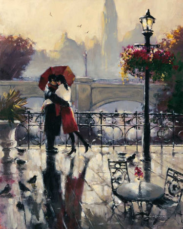Romantic Embrace figurative canvas art print by Heighton Brent, featuring a heartfelt scene in warm tones.