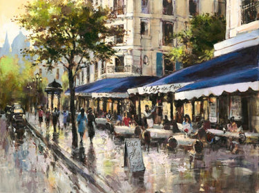 Blue European canvas art print of Avenue des Champs-Elysees by Heighton Brent, displayed in a home interior setting.