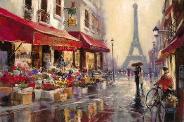 European canvas art print titled "April In Paris" by Heighton Brent, featuring a scenic Parisian street scene in vibrant colors.
