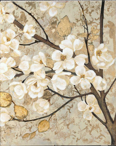 Illuminated floral canvas art print by Feeling at Home featuring vibrant botanical designs displayed on a wall.