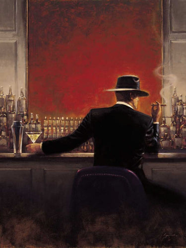 Figurative canvas art print of a cigar bar scene by Lynch Brent, titled "Feeling at Home," showcasing detailed artwork on canvas.