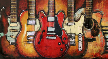 Music-themed guitar collage art print by Feeling at Home featuring colorful guitar images on canvas.