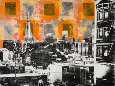 Urban skyline collage canvas art print by Heighton Brent, featuring vibrant cityscape artwork for modern home decor.