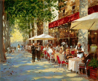 European canvas art print titled "Cafe Apres-Midi" by Haskins John, featuring a cozy café scene on textured canvas.