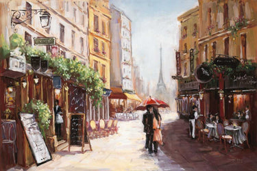 Parisienne Romance travel canvas art print by Feeling at Home featuring a romantic Paris cityscape scene in soft, artistic tones.