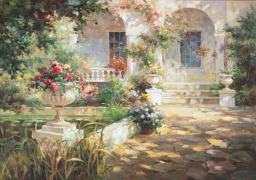 Sunlit Colonnade museum canvas art print by Roko Ken, featuring a serene architectural scene in soft, warm tones.