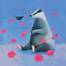 Feeling at Home blue animals canvas art print featuring a playful badger, vibrant and detailed wildlife artwork.