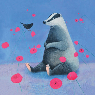 Close-up of a fantasy canvas art print featuring a detailed badger on a vibrant blue background by Guichard Jean for Feeling at Home.