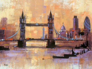 Modern canvas art print of Tower Bridge London by Frank Assaf, featuring a vibrant cityscape with iconic bridge details.