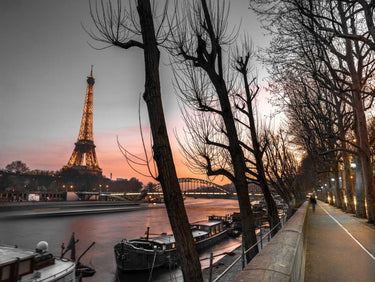 Canvas art print featuring a row of trees, the Seine River, and the Eiffel Tower at dusk, by Frank Assaf for Feeling at Home.