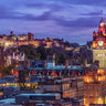 Scenic canvas art print of Edinburgh Castle and Balmoral Hotel in Scotland by Frank Assaf, featuring detailed cityscape artwork.