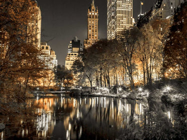 Feeling at Home art print of a New York City Central Park evening view by Frank Assaf, featuring a cityscape and sunset sky.