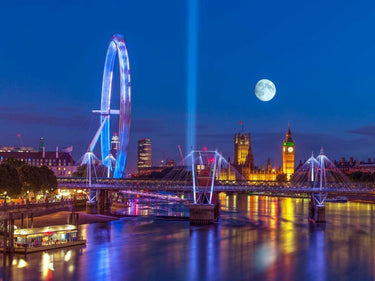 London Eye, Golden Jubilee Bridge, and Westminster skyline art print by Frank Assaf, featuring night view of London landmarks on canvas