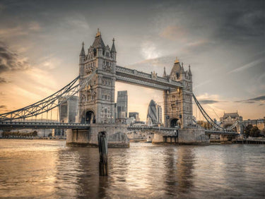 Famous Tower Bridge over River Thames London UK art print by Frank Assaf, featuring detailed cityscape on canvas.