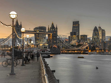 London Riverside Promenade with Tower Bridge photography canvas art print by Frank Assaf, featuring iconic London skyline and historic bridge.