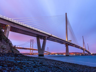 Scotland Queensferry Crossing evening landscape canvas art print by Frank Assaf, depicting the bridge at sunset in vibrant colors.