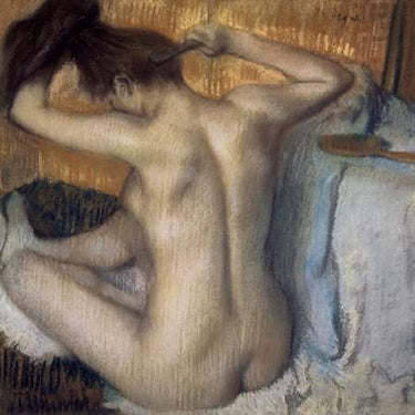 Feeling at Home woman combing her hair museum canvas art print by Gauguin Paul showing a woman with long hair in a detailed art scene.