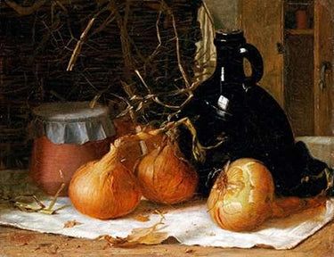 Canvas Art Print Onions, a Jug and a Ceramic Pot On a Tablecloth Museum subject by Changshuo Wu Fine Art Print quality