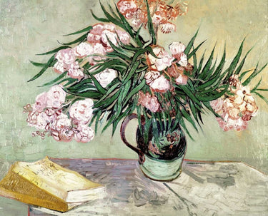 Canvas Art Print Still Life: Vase with Oleanders and Books Floral subject by Podt Martin Fine Art Print quality